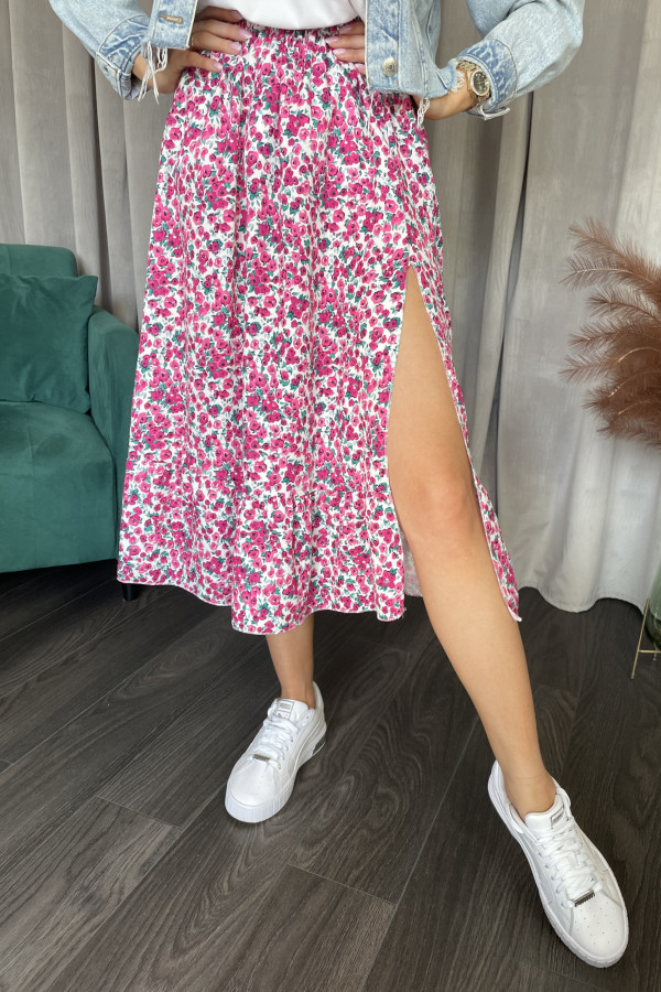 Spódnica z rozcięciem różowe kwiaty na jasnym tle ANDREA 2