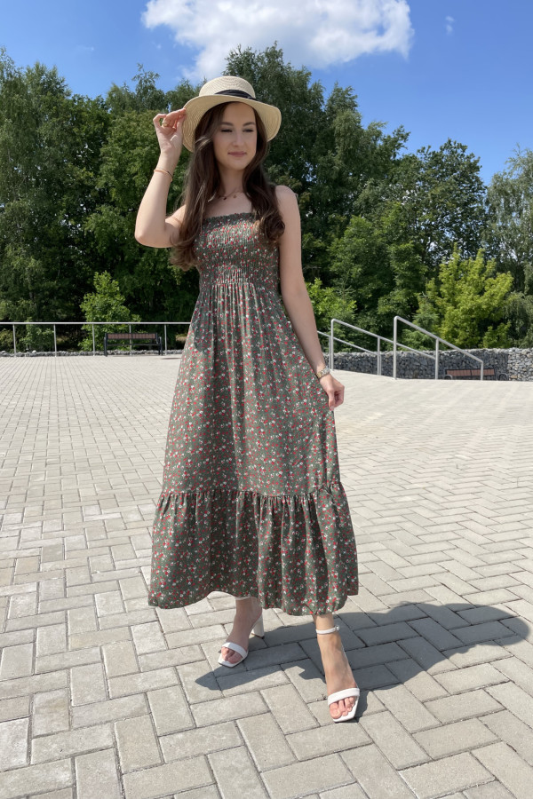 Sukienka wiskozowa maxi w drobne kwiaty oliwkowa PICCOLA