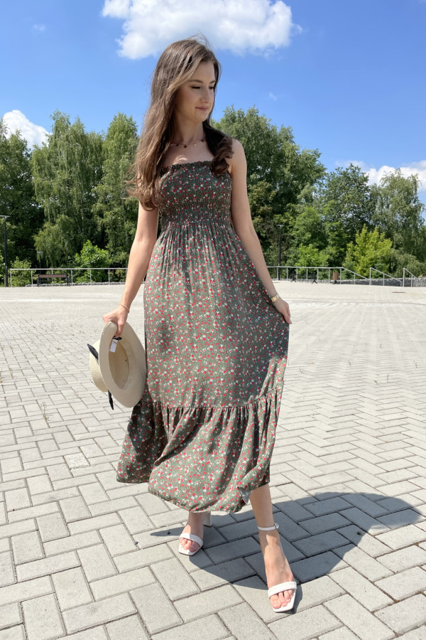 Sukienka wiskozowa maxi w drobne kwiaty oliwkowa PICCOLA 1