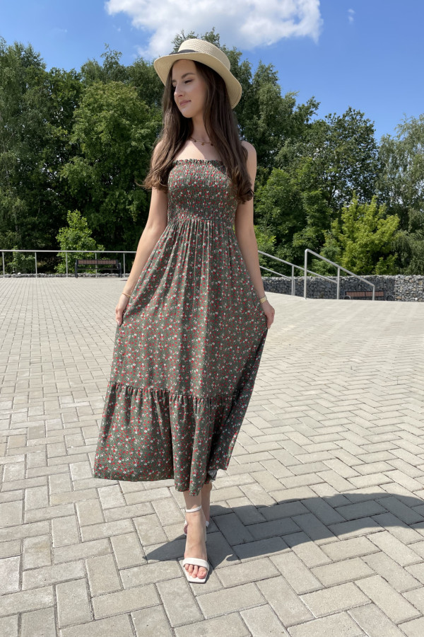 Sukienka wiskozowa maxi w drobne kwiaty oliwkowa PICCOLA 2