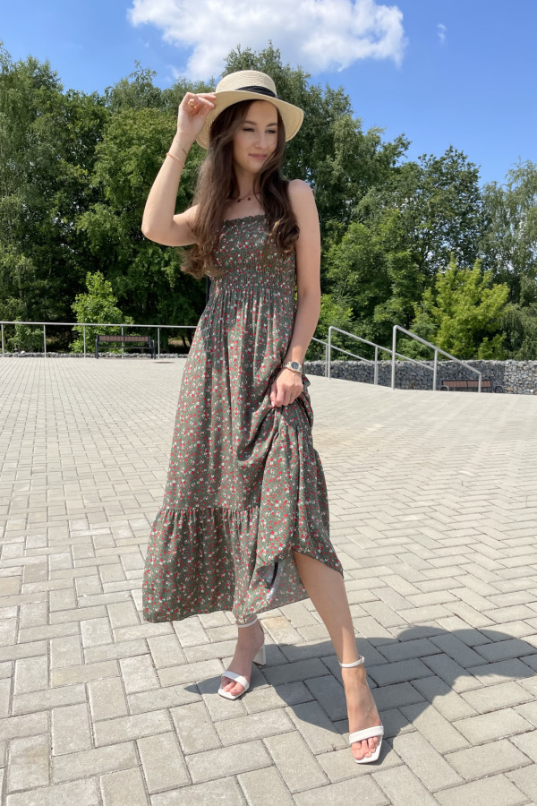 Sukienka wiskozowa maxi w drobne kwiaty oliwkowa PICCOLA 3