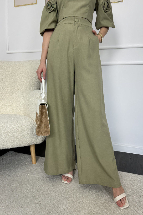 Komplet oliwkowy top + spodnie z szerokimi nogawkami SANCHO 4