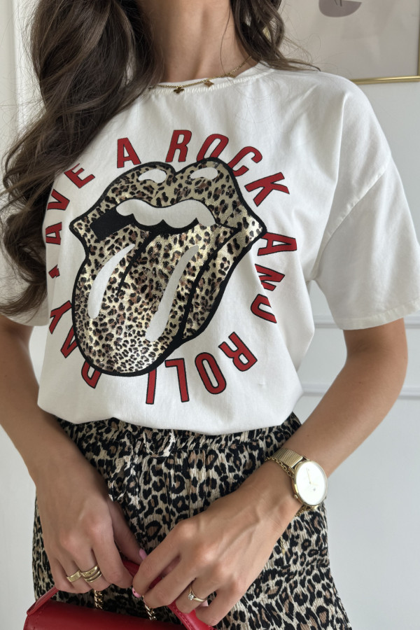 T-shirt śmietankowy z nadrukiem ROCK&ROLL