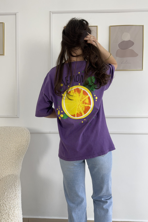 T-shirt z nadrukiem na plecach z efektem spranego materiału fioletowy LEMON 1