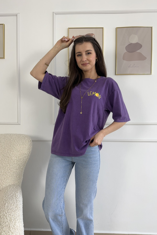 T-shirt z nadrukiem na plecach z efektem spranego materiału fioletowy LEMON 2