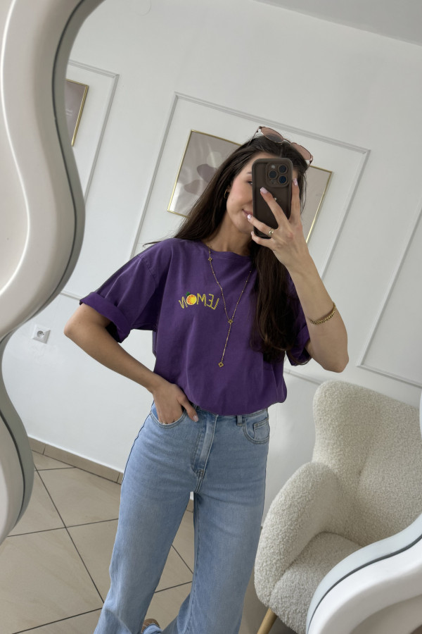 T-shirt z nadrukiem na plecach z efektem spranego materiału fioletowy LEMON 4