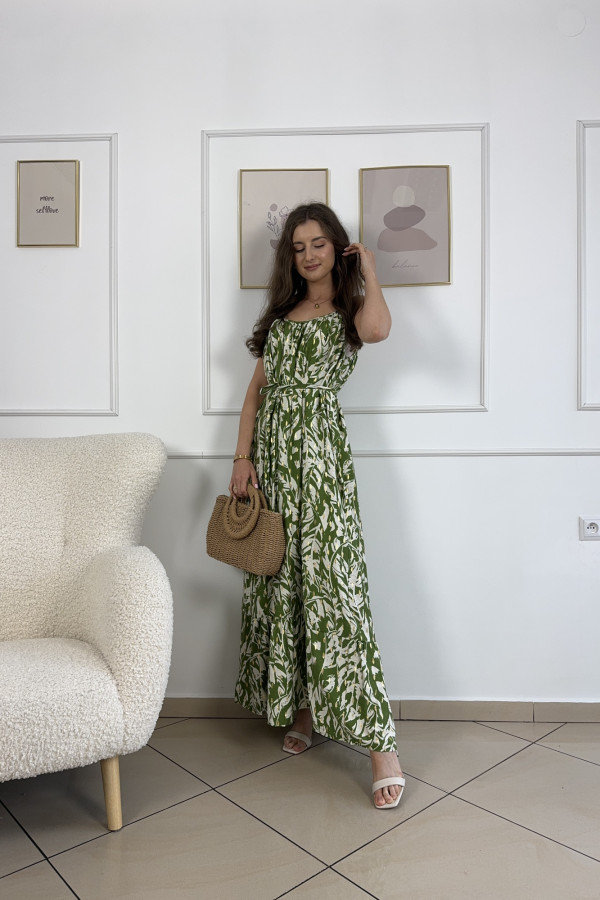 Sukienka o kroju maxi w liście oliwkowa GARDENIA