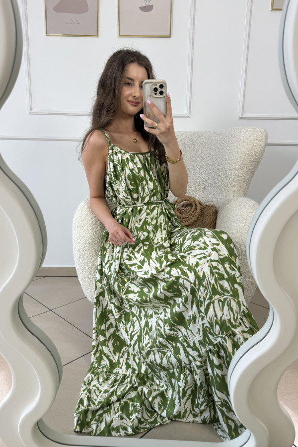 Sukienka o kroju maxi w liście oliwkowa GARDENIA 1