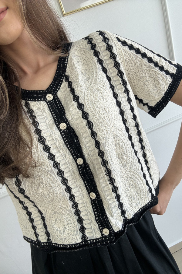 Bluzka w stylu boho czarno-beżowa 100% bawełna AMELIA