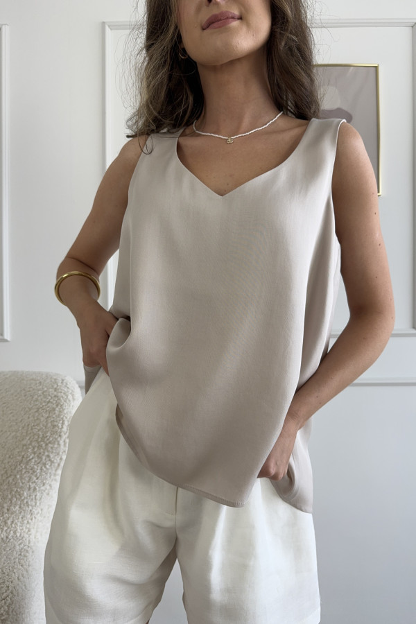 Top na grubszych ramiączkach oversize beżowy 100% tencel LIVI 1