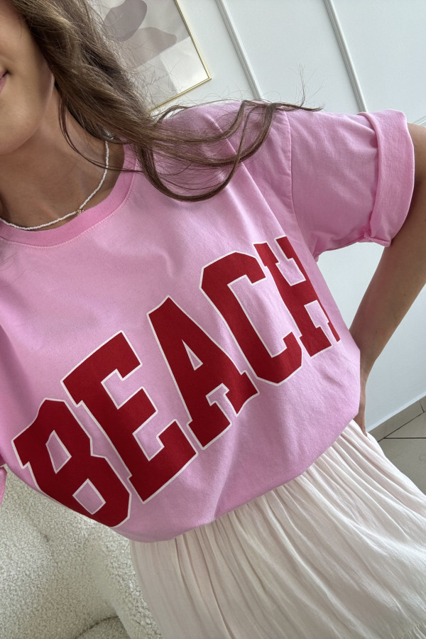 T-shirt z nadrukiem cukierkowy róż 100% bawełna BEACH