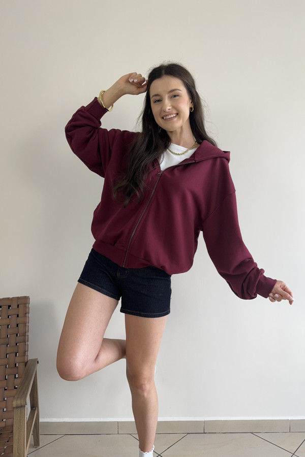 Bluza oversize z kapturem zapinana na zamek bordowa ALBA