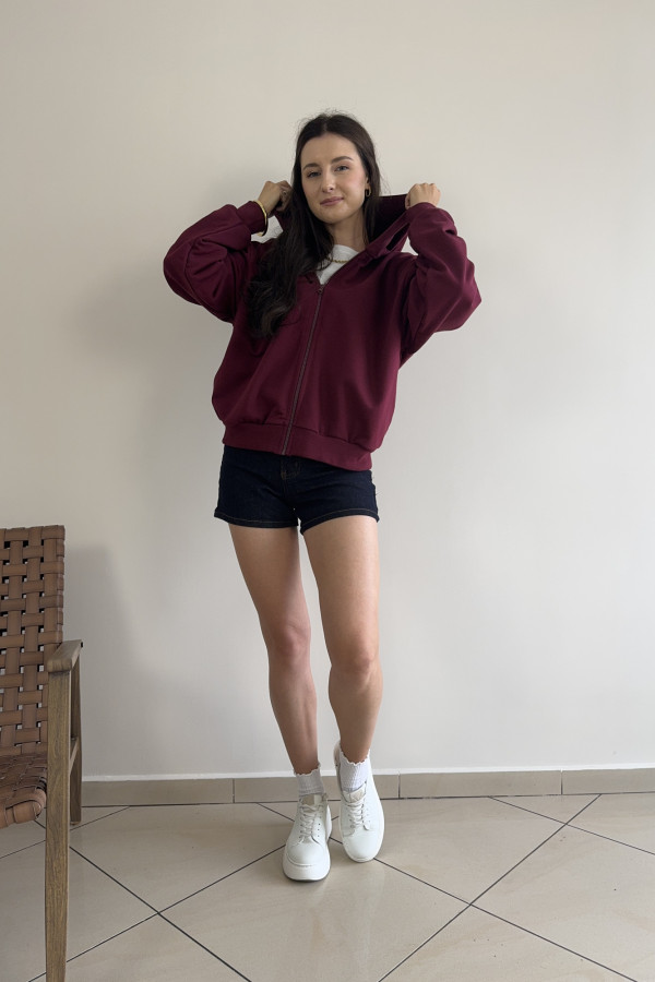 Bluza oversize z kapturem zapinana na zamek bordowa ALBA 4