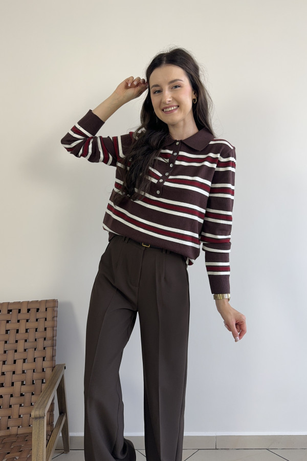 Sweter w czekoladowo-bordowe paski NOAH 1