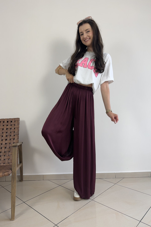 Spodnie wide leg wiskoza i jedwab satynowy bordowe GIRONA 1