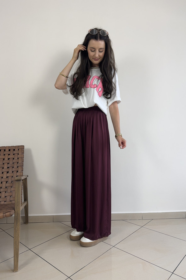 Spodnie wide leg wiskoza i jedwab satynowy bordowe GIRONA 3