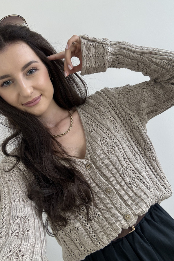 Sweter ażurowy z rękawkiem typu dzwonek 100% bawełna beżowy ARIEL