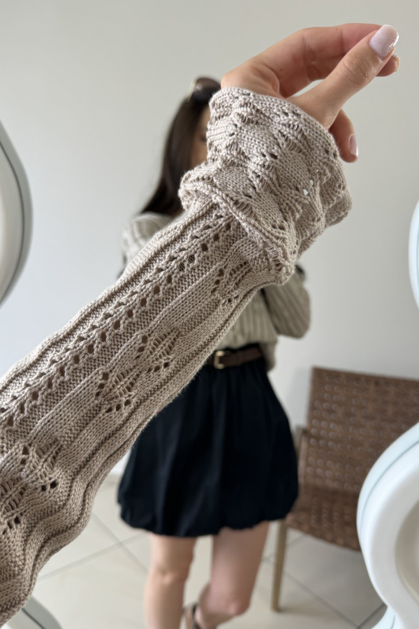 Sweter ażurowy z rękawkiem typu dzwonek 100% bawełna beżowy ARIEL 6