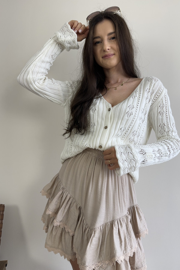Sweter ażurowy z rękawkiem typu dzwonek 100% bawełna śmietankowy ARIEL