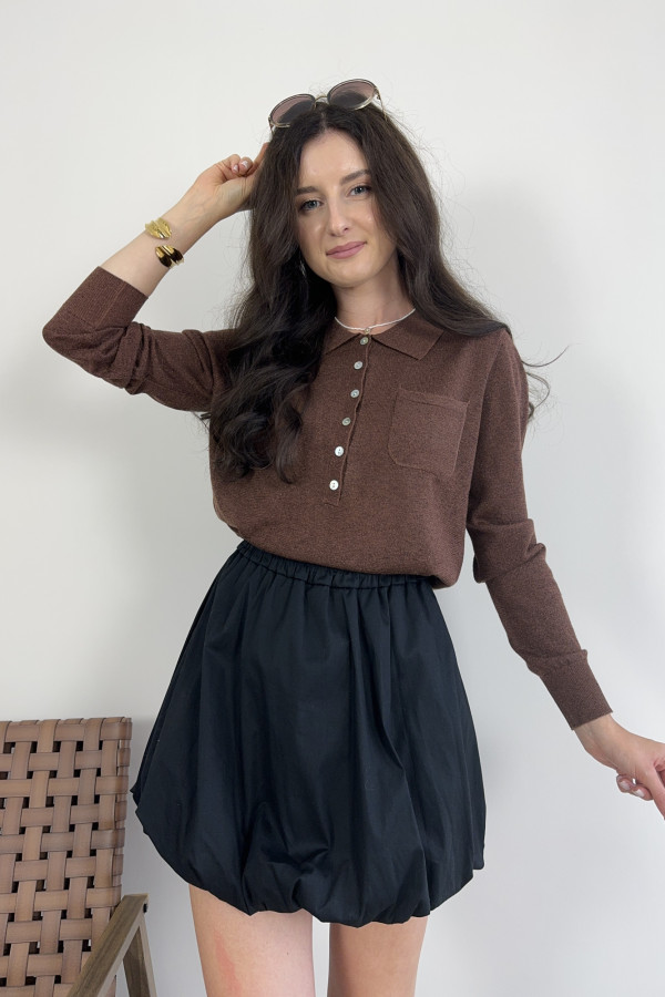 Sweter polo ze złotą nitką i guzikami czekoladowy MULAN 1