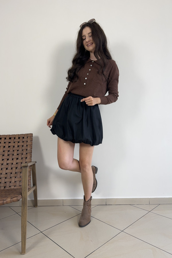 Sweter polo ze złotą nitką i guzikami czekoladowy MULAN 2