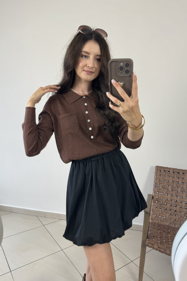 Sweter polo ze złotą nitką i guzikami czekoladowy MULAN 3