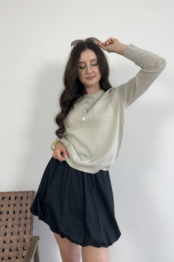 Sweter polo ze złotą nitką i guzikami beżowy MULAN 1