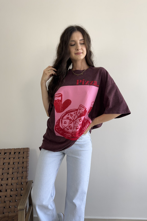 T-shirt oversize 100% bawełna bordowy PIZZA