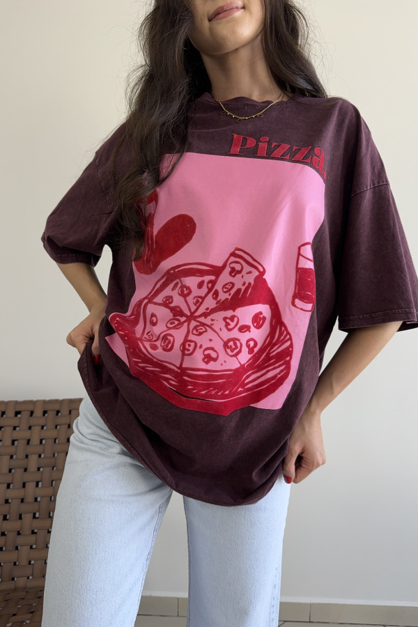 T-shirt oversize 100% bawełna bordowy PIZZA 1