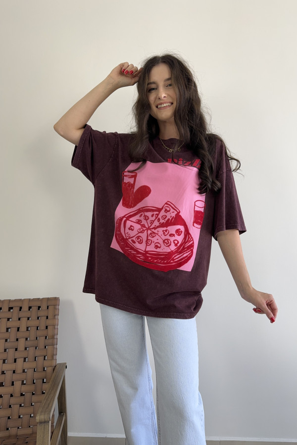 T-shirt oversize 100% bawełna bordowy PIZZA 2