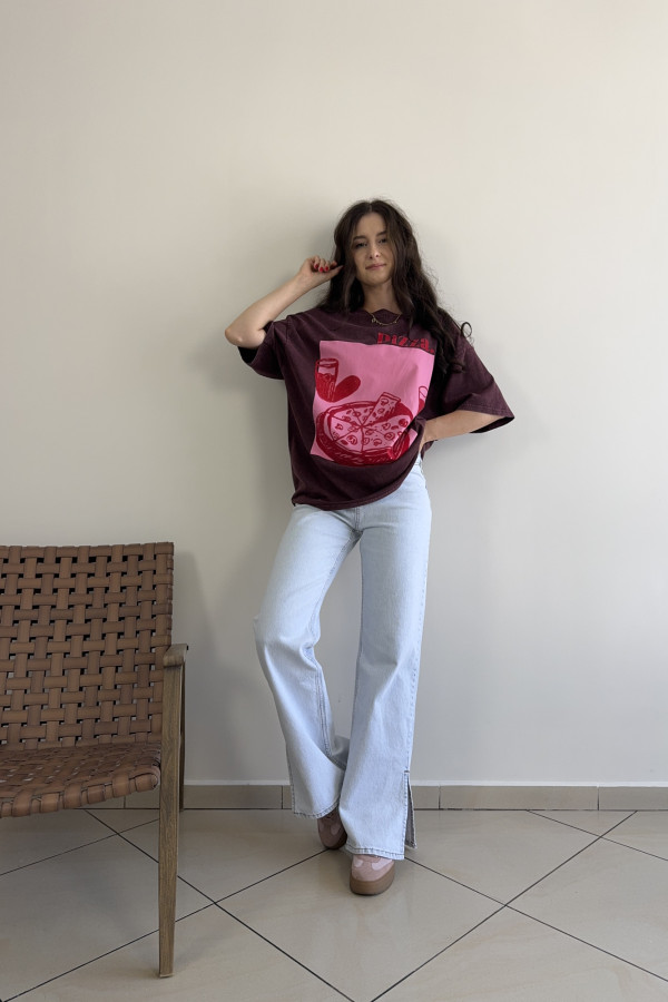 T-shirt oversize 100% bawełna bordowy PIZZA 3