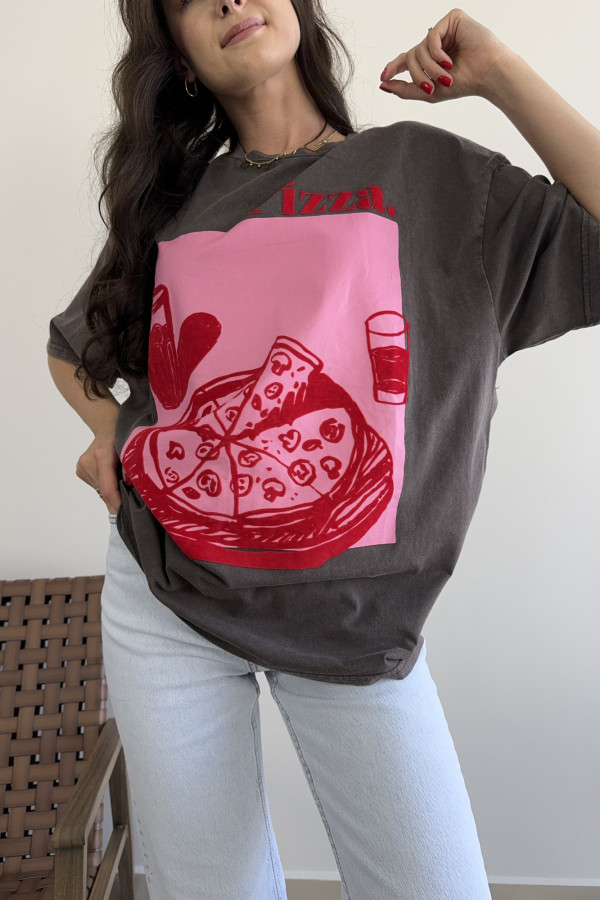 T-shirt oversize 100% bawełna szary PIZZA 1