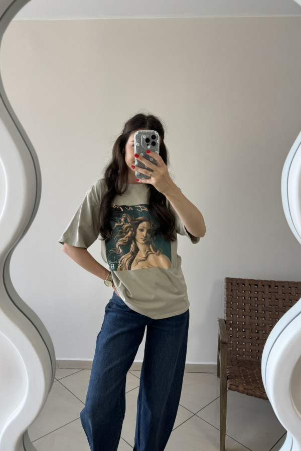 T-shirt z nadrukiem beżowy 100% bawełna PICASSO 1