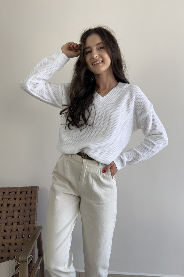 Sweter oversize z dekoltem w serek śmietankowy RICE
