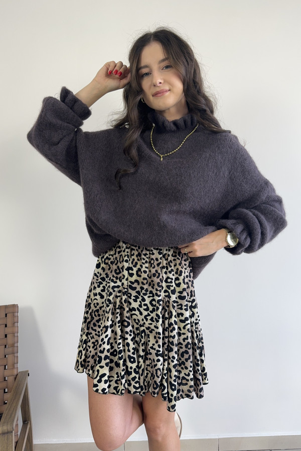 Sweter oversize z falbankami baby alpaca i wełna czekoladowy HARRY