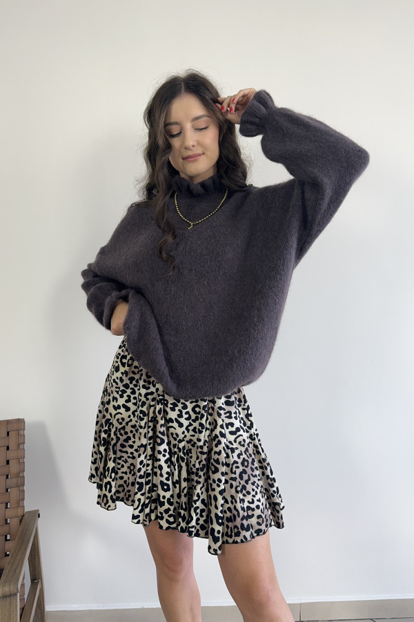 Sweter oversize z falbankami baby alpaca i wełna czekoladowy HARRY 1