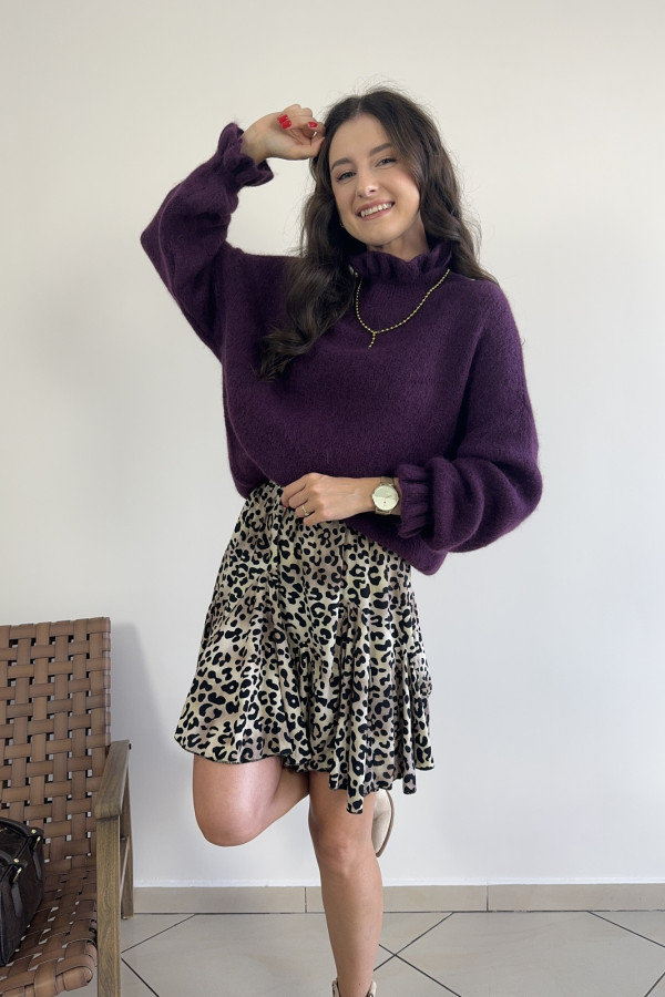 Sweter oversize z falbankami baby alpaca i wełna śliwkowy HARRY