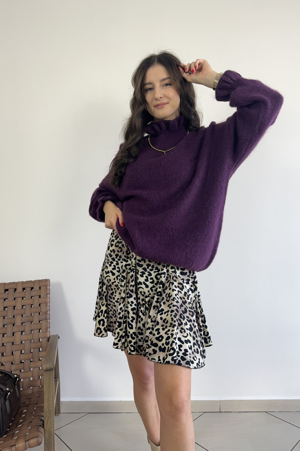 Sweter oversize z falbankami baby alpaca i wełna śliwkowy HARRY 2