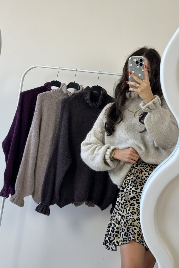 Sweter oversize z falbankami baby alpaca i wełna beżowy HARRY 3