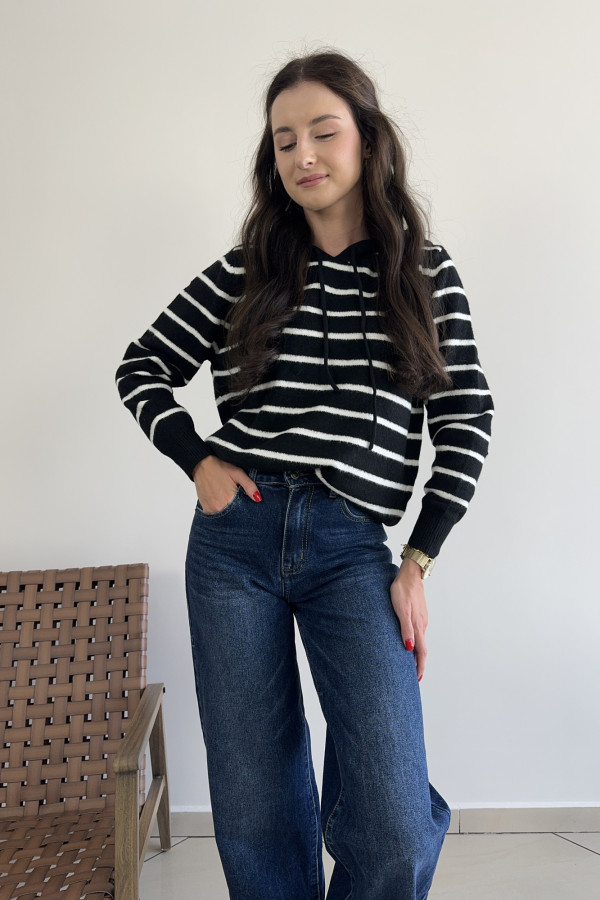 Sweter w paski z kapturem czarny CASUAL