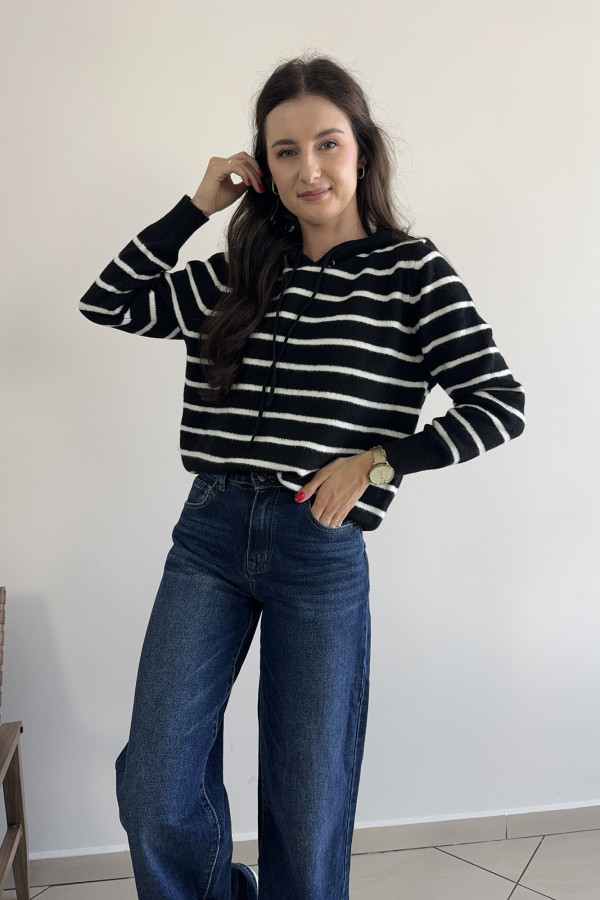 Sweter w paski z kapturem czarny CASUAL 3