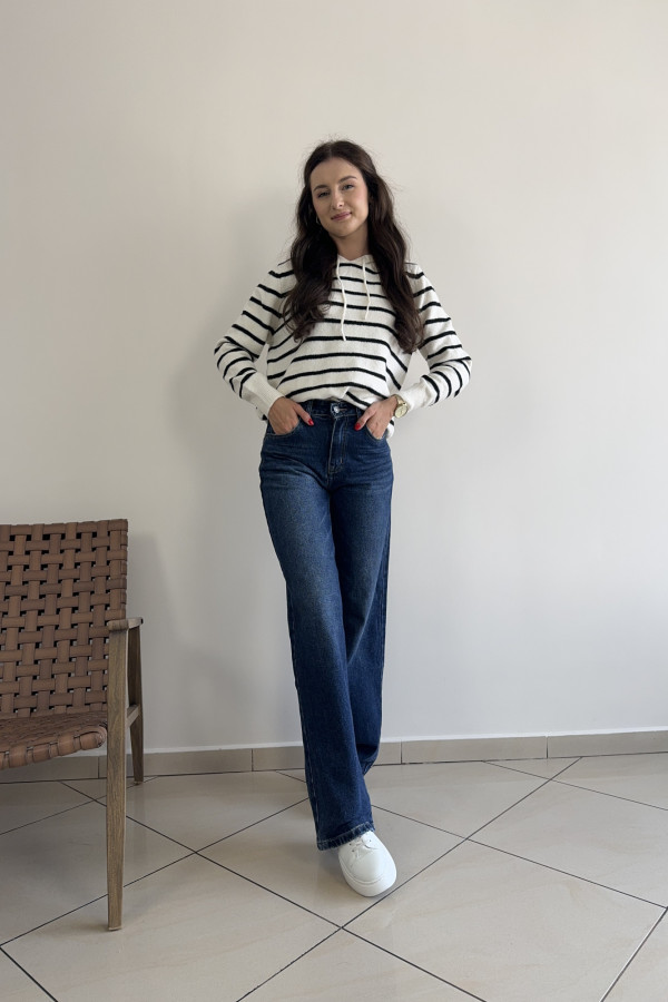 Sweter w paski z kapturem śmietankowy CASUAL 5