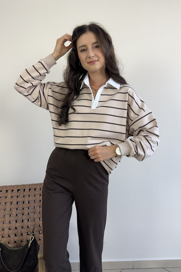 Bluza z kołnierzykiem kakaowe paski SARA