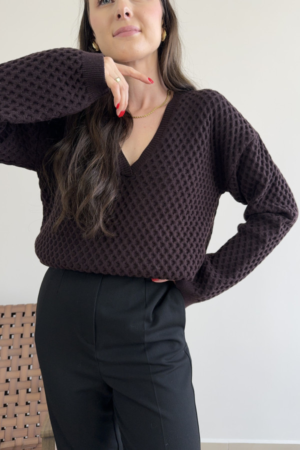 Sweter oversize z kaszmirem i wiskozą ciemnoczekoladowy WAFELEK