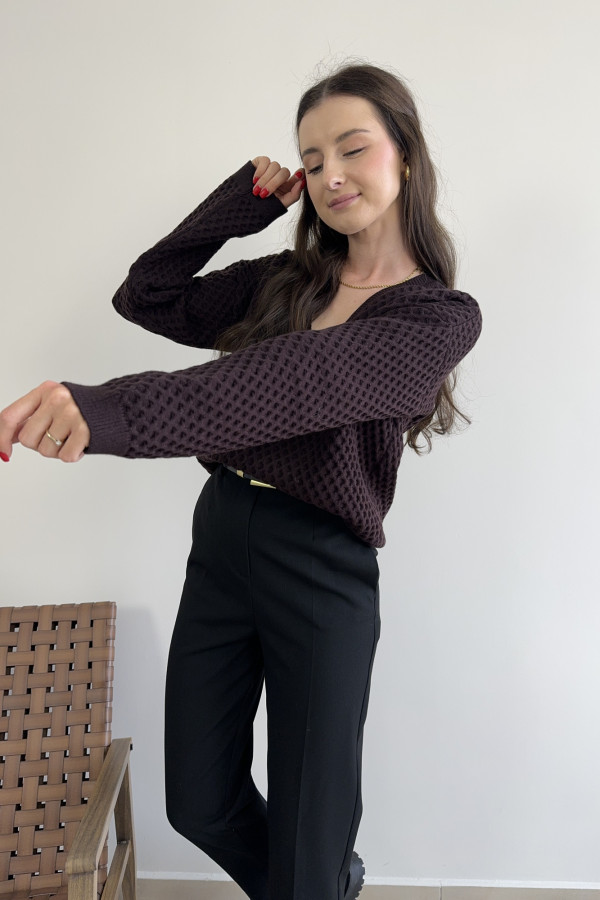 Sweter oversize z kaszmirem i wiskozą ciemnoczekoladowy WAFELEK 1