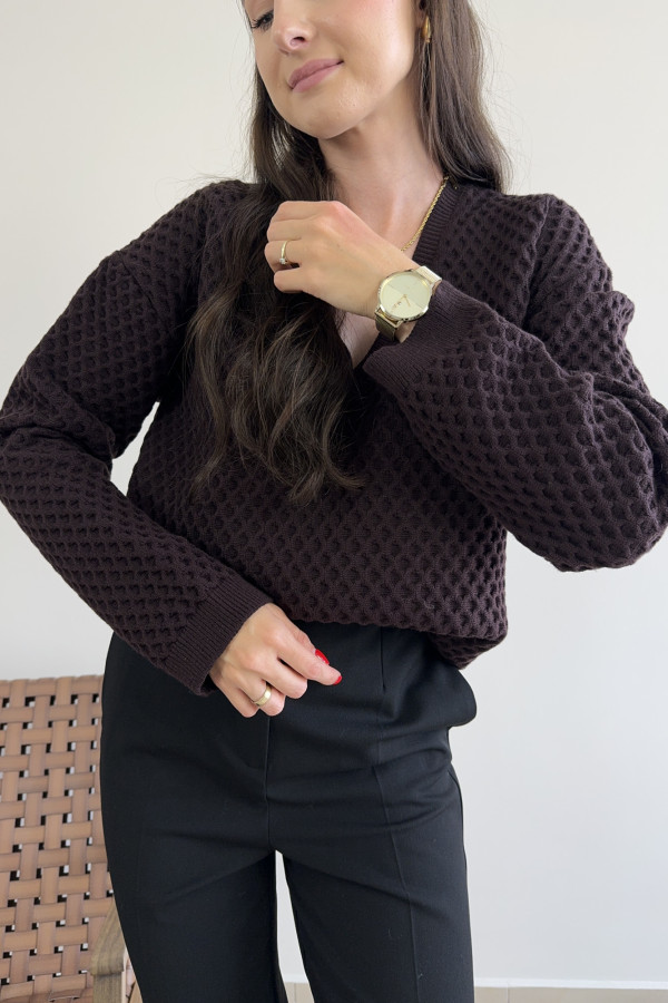 Sweter oversize z kaszmirem i wiskozą ciemnoczekoladowy WAFELEK 2