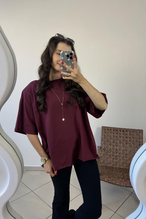 T-shirt oversize z poduszkami na ramionach bordowy SLAY 3