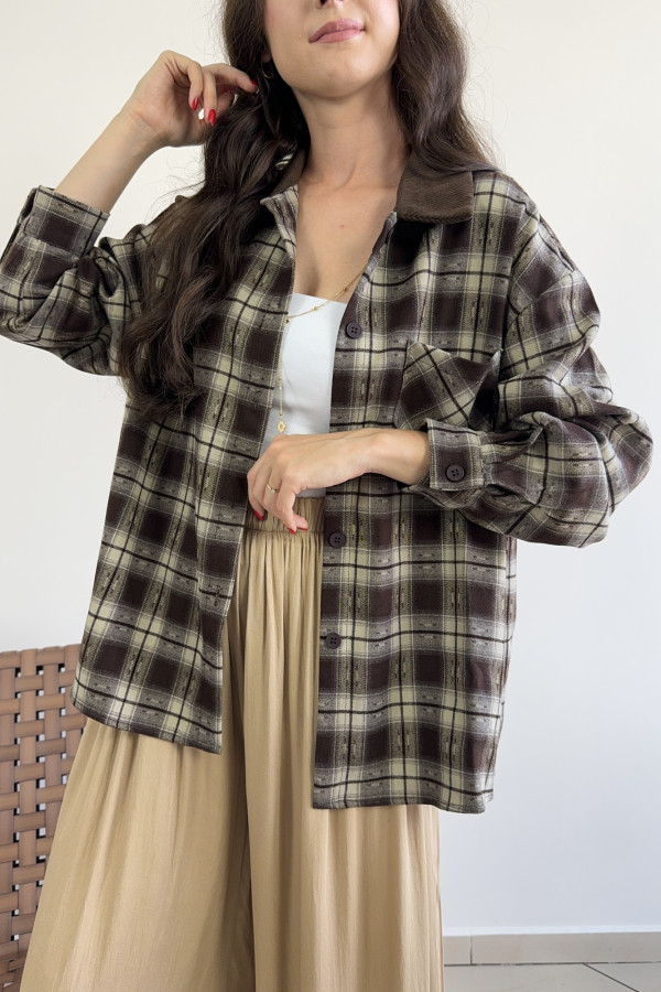 Koszula w kratę z czekoladowym kołnierzykiem MODERN FIT