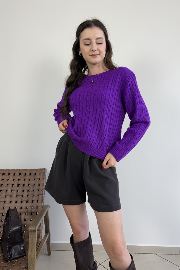 Sweter o warkoczykowym splocie z moherem i wełną fioletowy FIGO 1
