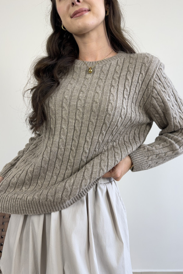 Sweter o warkoczykowym splocie z moherem i wełną beżowy FIGO 2